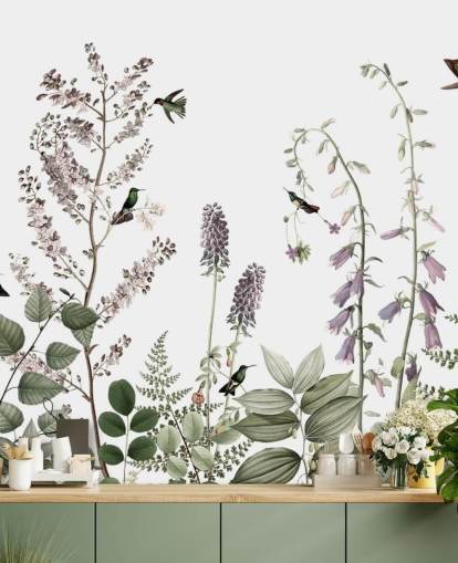 små kolibrier och blommiga tapeter