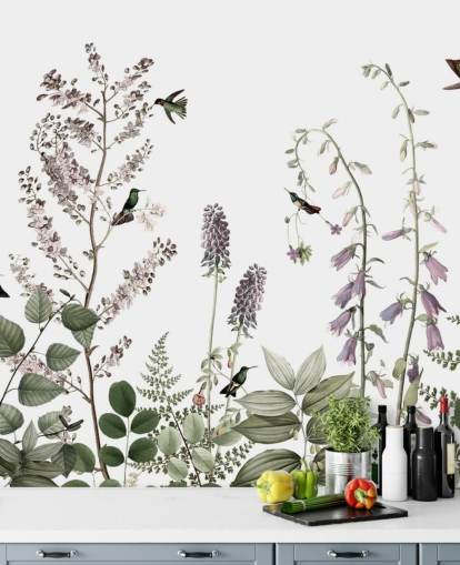 little hummingbirds and floral wallpaper