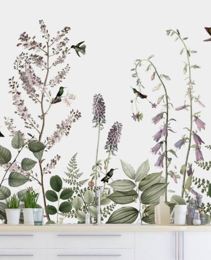 piccoli colibrì e carta da parati floreale