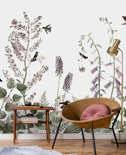 little hummingbirds and floral wallpaper