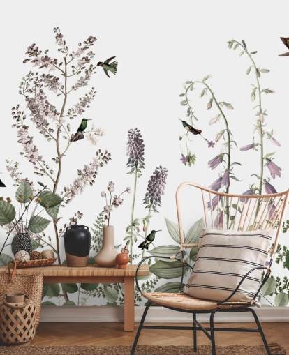 little hummingbirds and floral wallpaper