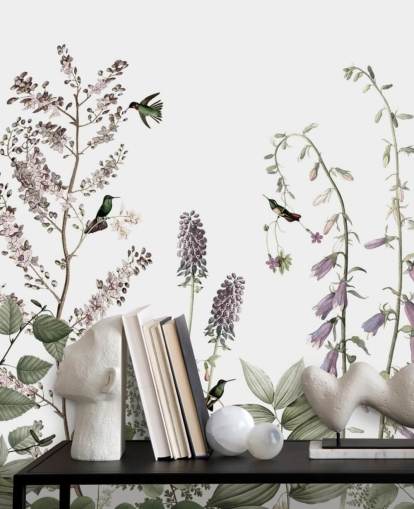 små kolibrier och blommiga tapeter