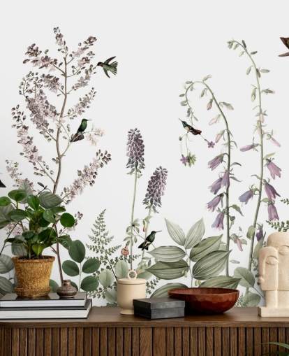 små kolibrier och blommiga tapeter