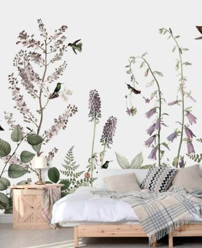 kleine kolibries en bloemenbehang