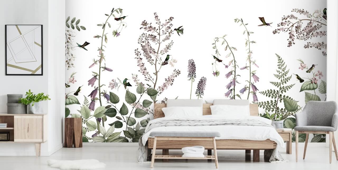 papel pintado de colibríes y flores