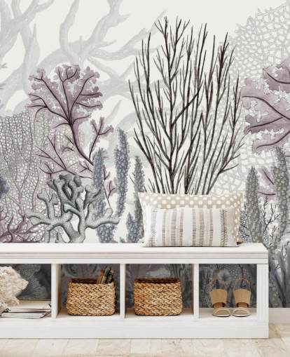 papel pintado arrecife de coral morado y azul pastel