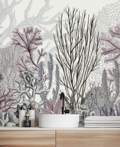 papel pintado arrecife de coral morado y azul pastel