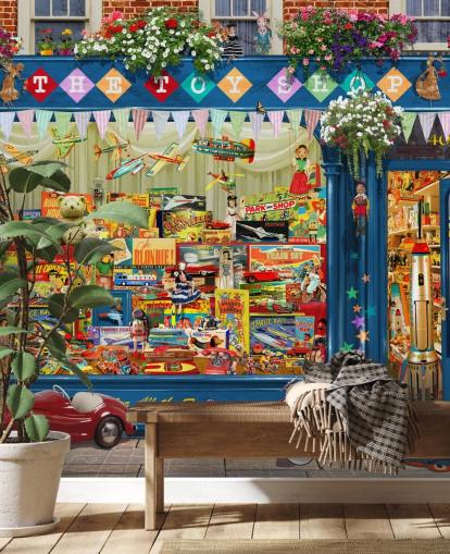 legetøjsbutik foran tapet