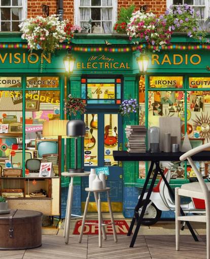 papel tapiz de fachada de tienda eléctrica