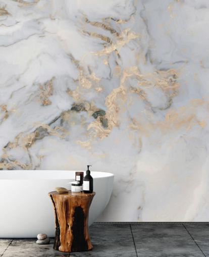 gebroken witte en goudkleurige aanpasbare marmeren behangmuurschildering genaamd Decadent Marble voor keukens, badkamers of slaapkamers