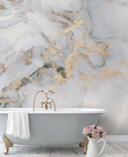 mural de papel de parede de mármore personalizável colorido de branco e dourado chamado Decadent Marble para cozinhas, banheiros ou quartos