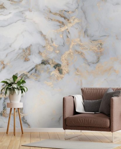 luonnonvalkoinen ja kulta sävytetty räätälöitävä marmoritapetti seinämaalaus nimeltä Decadent Marble keittiöihin, kylpyhuoneisiin tai makuuhuoneisiin