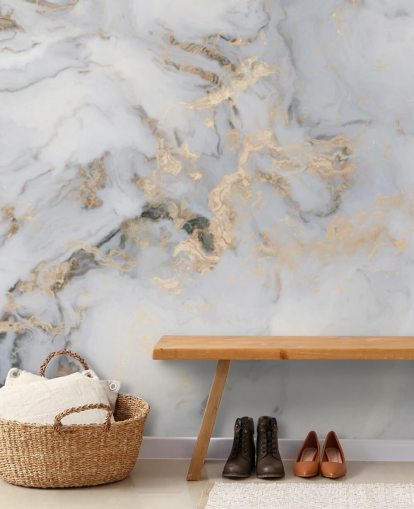 benvit och guldtonad anpassningsbar marmor tapetväggmålning kallad Decadent Marble för kök, badrum eller sovrum