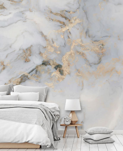 gebroken witte en goudkleurige aanpasbare marmeren behangmuurschildering genaamd Decadent Marble voor keukens, badkamers of slaapkamers