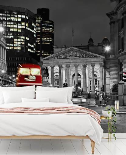 papel pintado gris y rojo personalizado para autobuses de Londres llamado Royal Exchange London para comedores