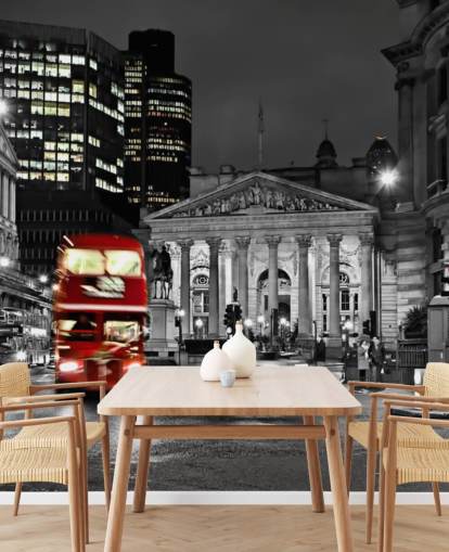 papel de parede de ônibus de Londres personalizado cinza e vermelho chamado Royal Exchange London para salas de jantar