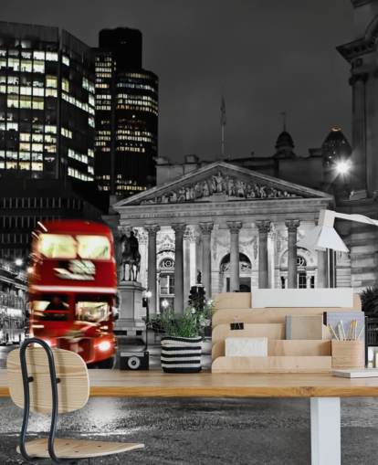 papel pintado gris y rojo personalizado para autobuses de Londres llamado Royal Exchange London para comedores