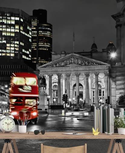 gray and red custom london bus wallpaper called Royal Exchange London for dining rooms