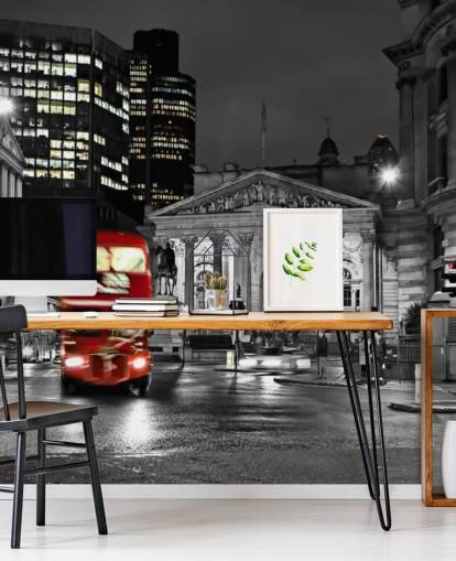 papel pintado gris y rojo personalizado para autobuses de Londres llamado Royal Exchange London para comedores