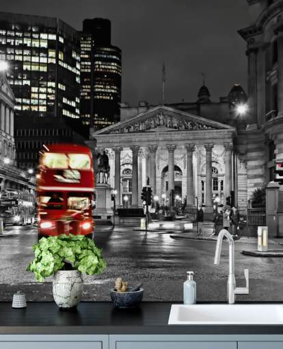 papel pintado gris y rojo personalizado para autobuses de Londres llamado Royal Exchange London para comedores