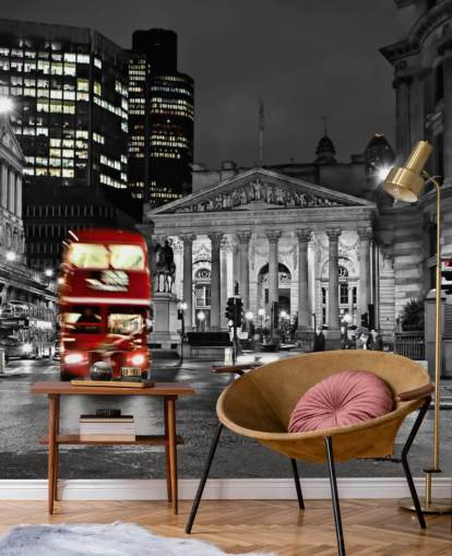 grey and red custom london bus wallpaper called Royal Exchange London for dining rooms