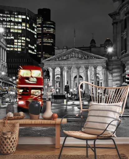 papel de parede de ônibus de Londres personalizado cinza e vermelho chamado Royal Exchange London para salas de jantar papel de parede de ônibus de Londres personalizado cinza e vermelho chamado Royal Exchange London para salas de jantar