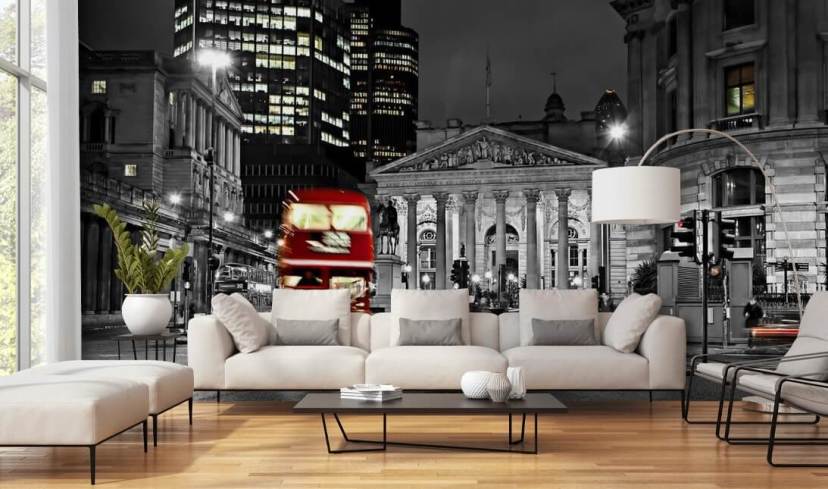 papel pintado gris y rojo personalizado para autobuses de Londres llamado Royal Exchange London para comedores