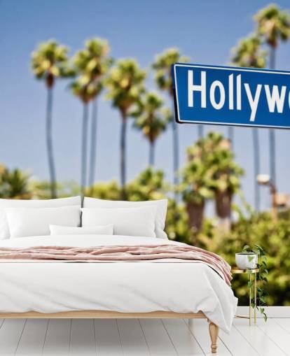 blue sign of hollywood wall mural