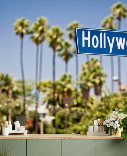blue sign of hollywood wall mural