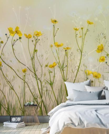 mural de papel pintado floral verde y amarillo llamado Good Morning Flowers by 1x para dormitorios, salas de estar y comedores