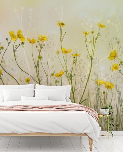 carta da parati murale floreale verde e gialla chiamata Good Morning Flowers by 1x per camere da letto, salotti e sale da pranzo