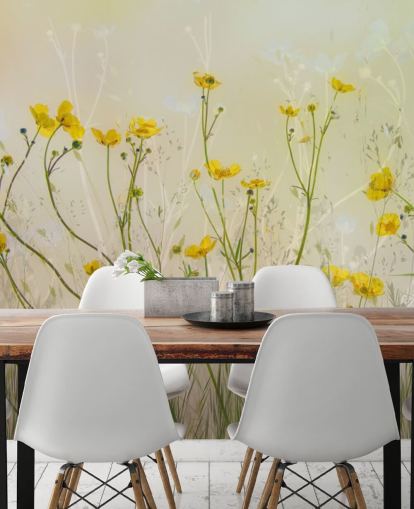 mural de papel pintado floral verde y amarillo llamado Good Morning Flowers by 1x para dormitorios, salas de estar y comedores