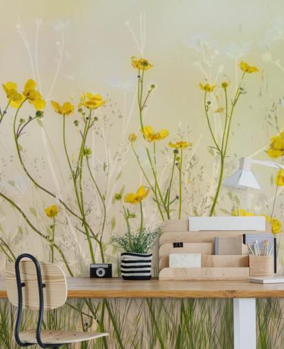 grønt og gult blomstertapet vægmaleri kaldet Good Morning Flowers by 1x til soveværelser, stuer og spisestuer