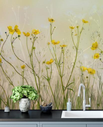 groene en gele bloemenbehangmuurschildering genaamd Good Morning Flowers van 1x voor slaapkamers, woonkamers en eetkamers