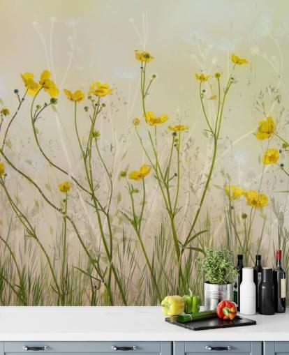 groene en gele bloemenbehangmuurschildering genaamd Good Morning Flowers van 1x voor slaapkamers, woonkamers en eetkamers