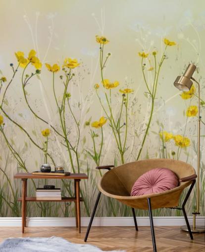 groene en gele bloemenbehangmuurschildering genaamd Good Morning Flowers van 1x voor slaapkamers, woonkamers en eetkamers