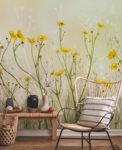 grønt og gult blomstertapet vægmaleri kaldet Good Morning Flowers by 1x til soveværelser, stuer og spisestuer