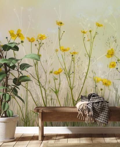 grønt og gult blomstertapet vægmaleri kaldet Good Morning Flowers by 1x til soveværelser, stuer og spisestuer