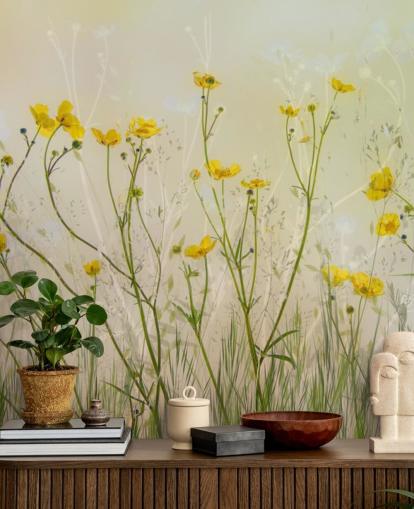 carta da parati murale floreale verde e gialla chiamata Good Morning Flowers by 1x per camere da letto, salotti e sale da pranzo