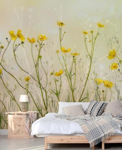 mural de papel pintado floral verde y amarillo llamado Good Morning Flowers by 1x para dormitorios, salas de estar y comedores