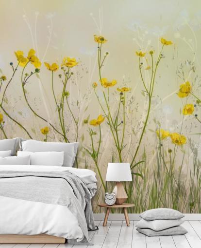 grüne und gelbe Blumentapete namens Good Morning Flowers von 1x für Schlafzimmer, Wohnzimmer und Esszimmer