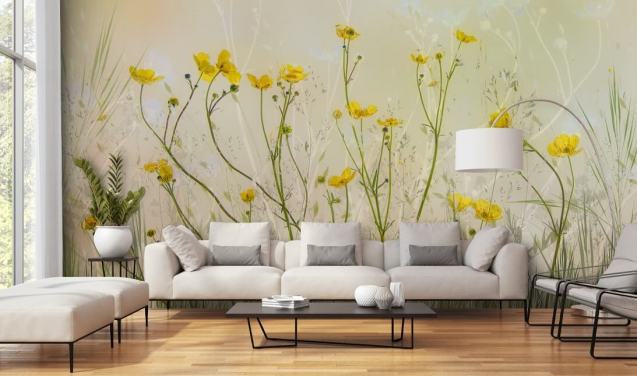 papier peint mural floral vert et jaune appelé Good Morning Flowers par 1x pour les chambres à coucher, les salons et les salles à manger