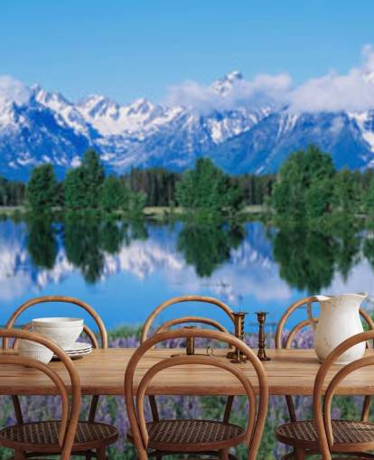 parque nacional de wyoming con montañas azules y cielo con fondo de pantalla de flores moradas