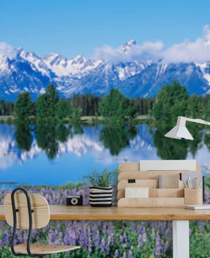 parco nazionale del wyoming con montagne blu e cielo con carta da parati fiori viola