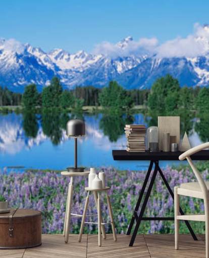 wyoming national park with blue mountains and sky with purple flowers wallpaper