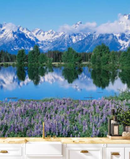 parque nacional de wyoming con montañas azules y cielo con fondo de pantalla de flores moradas
