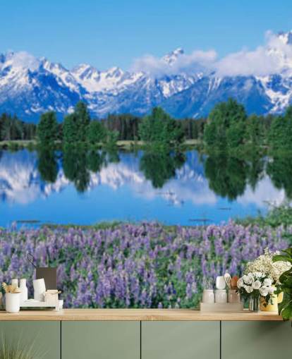 wyoming national park with blue mountains and sky with purple flowers wallpaper