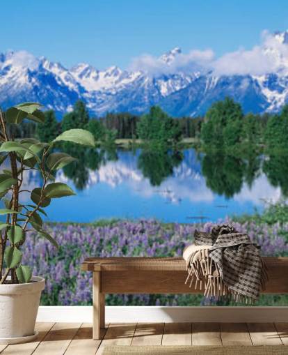 Wyoming-Nationalpark mit blauen Bergen und Himmel mit lila Blumen-Tapete Wyoming-Nationalpark mit blauen Bergen und Himmel mit lila Blumen-Tapete