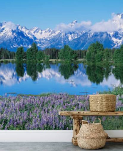 parco nazionale del wyoming con montagne blu e cielo con carta da parati fiori viola
