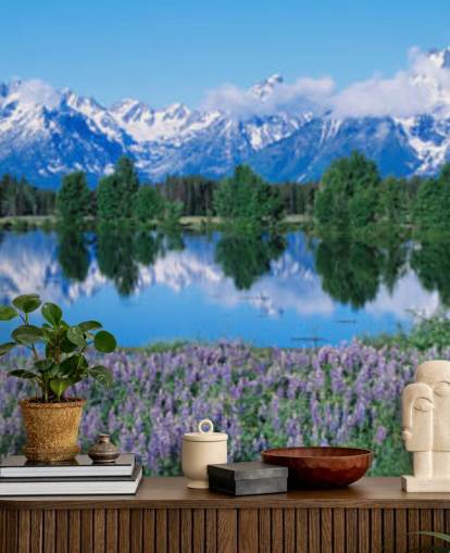 wyoming national park with blue mountains and sky with purple flowers wallpaper